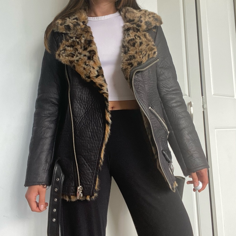 Leopard Print Faux Fur Lined Oversized Jacket, S